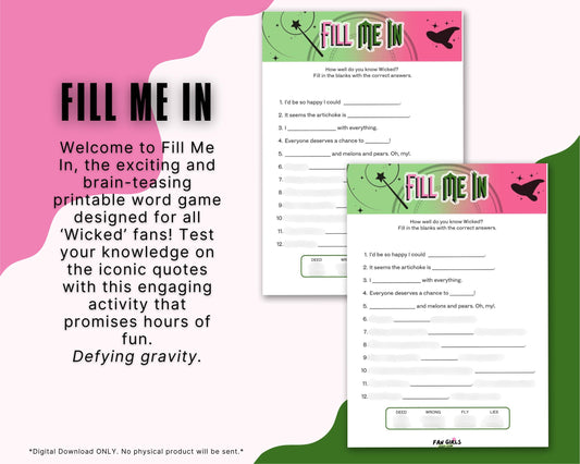 Wicked inspired Fill Me In party game!