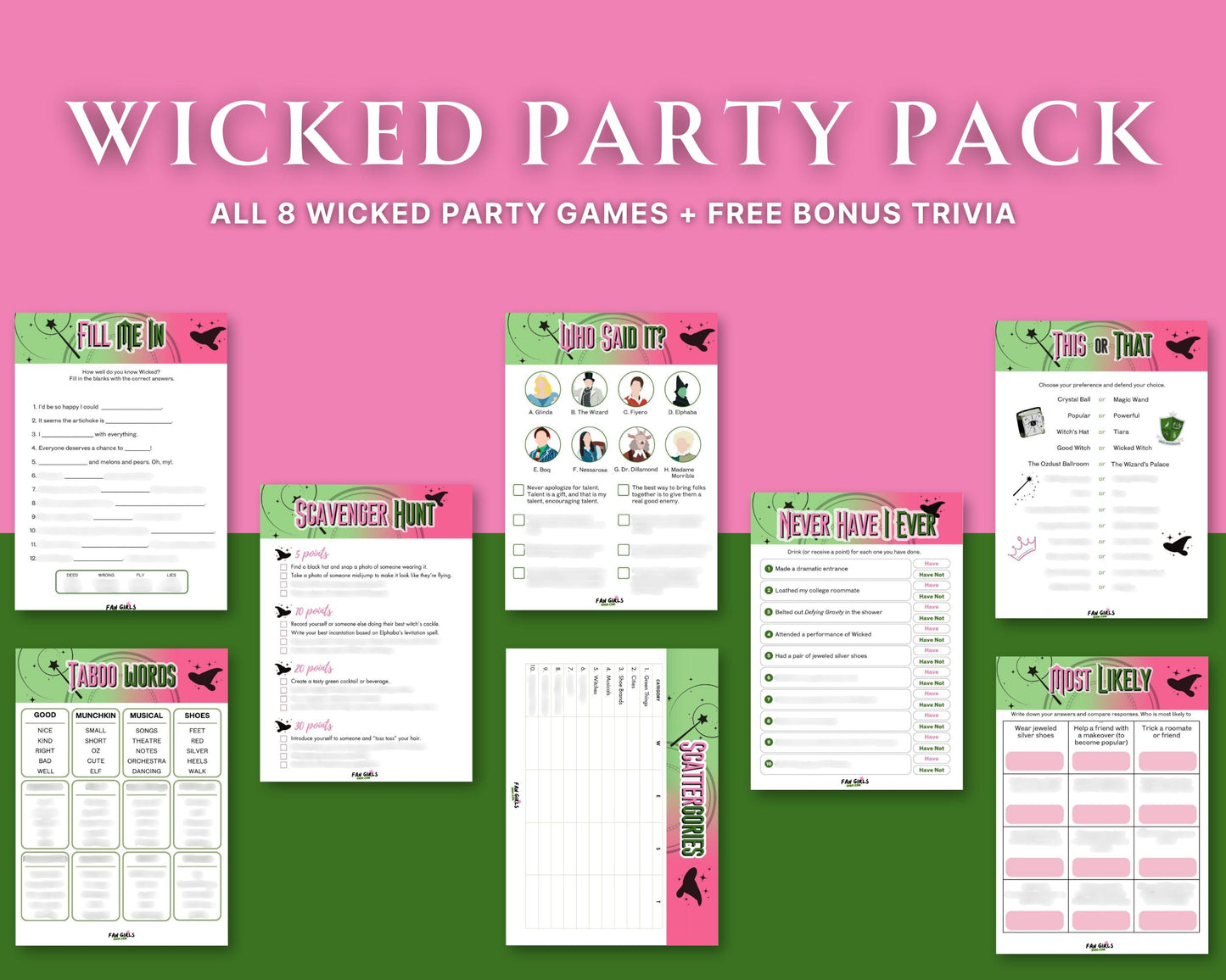 Wicked inspired party GAME BUNDLE pack!