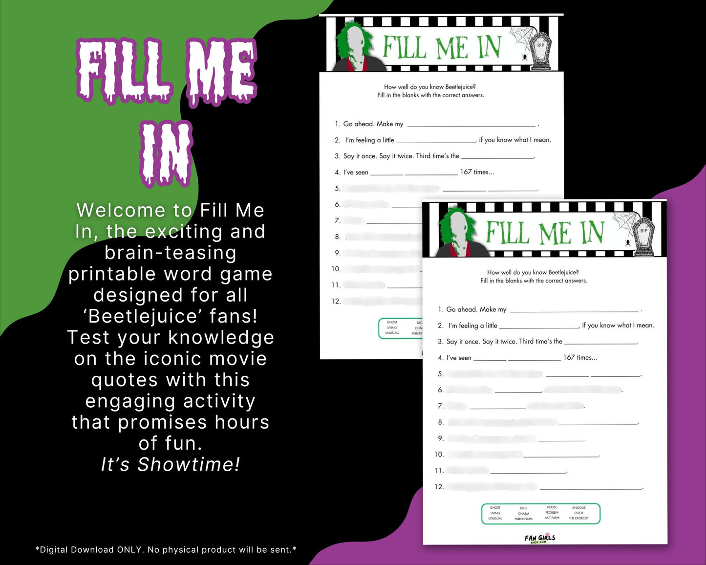 Beetlejuice inspired Fill Me In party game!