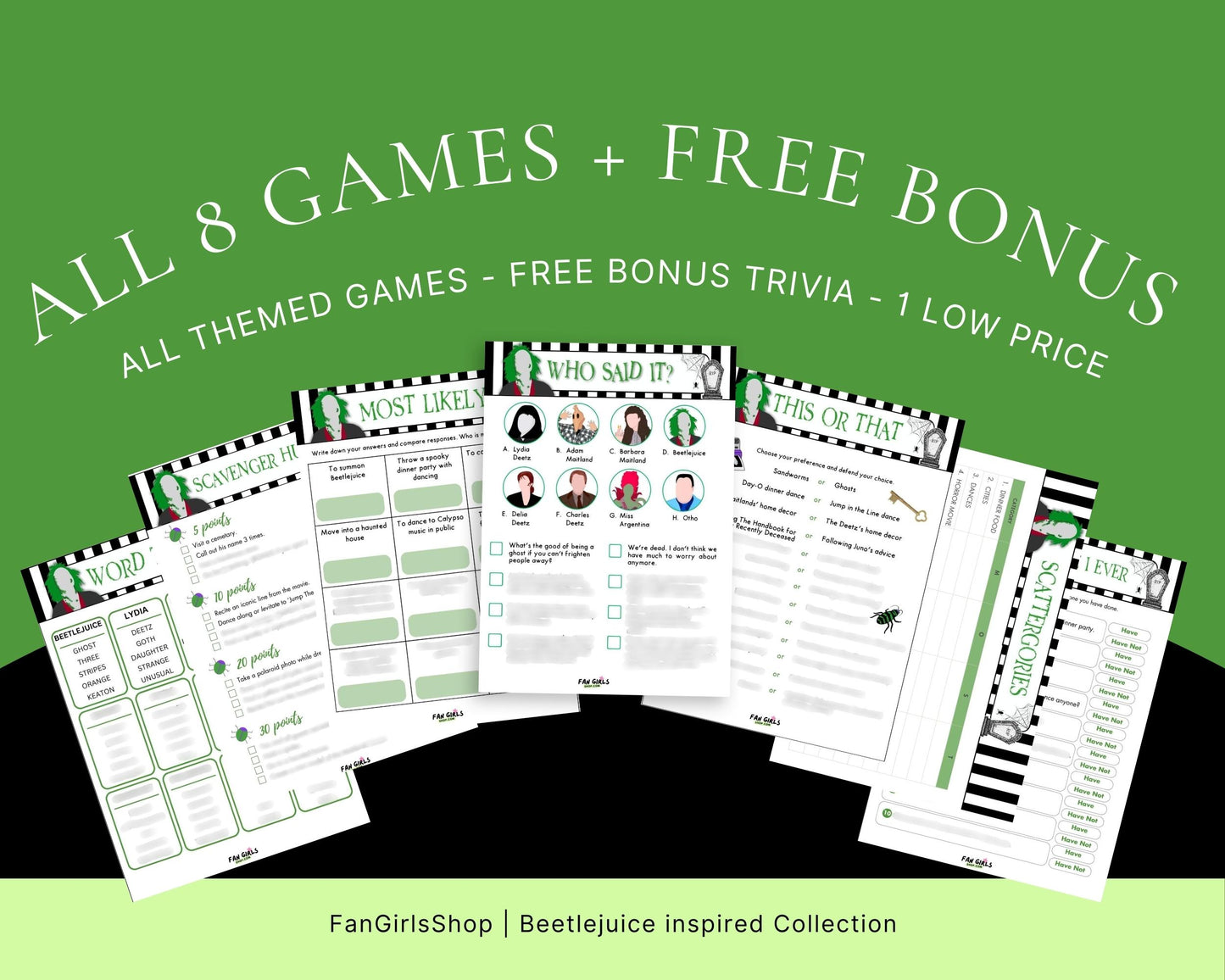 Beetlejuice inspired party GAME BUNDLE pack!