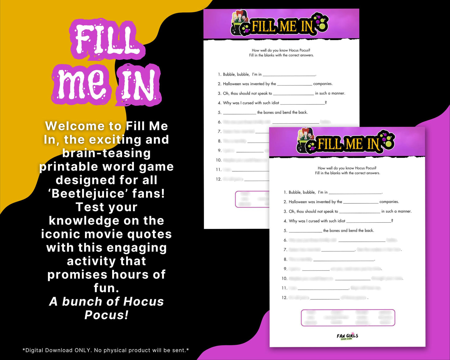 Hocus Pocus inspired Fill Me In party game!