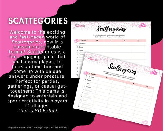 Mean Girls inspired Scattegories party game!