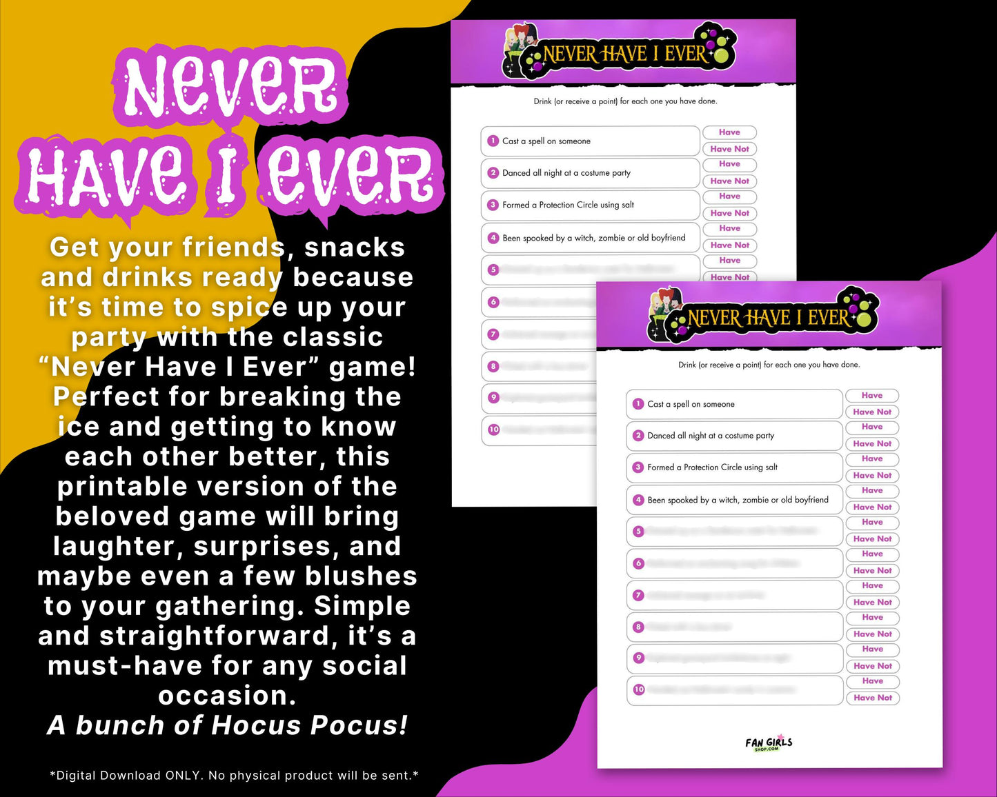 Hocus Pocus inspired Never Have I Ever party game!