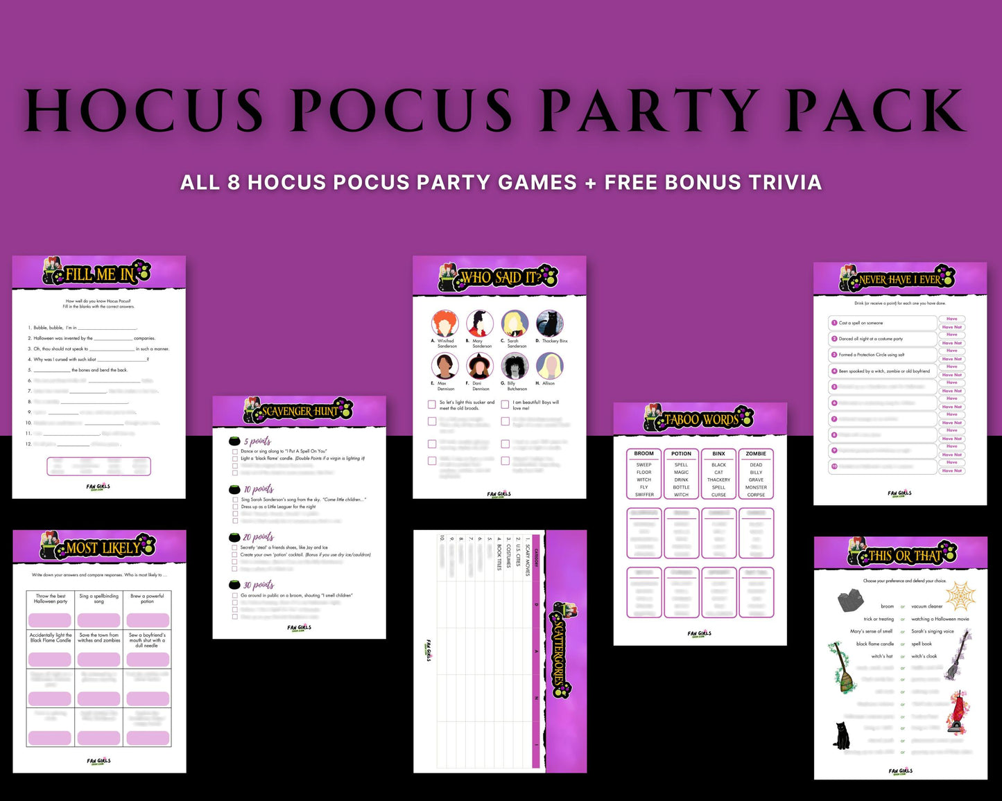 Hocus Pocus inspired party GAME BUNDLE pack!